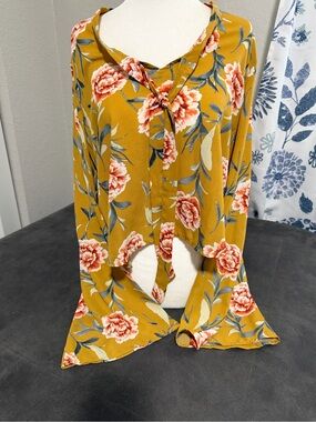 bleuh ciel Mustard Floral Tie-Neck Blouse